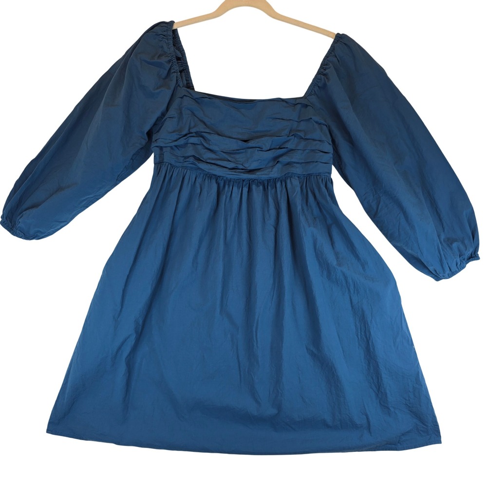 Womens Cottagecore Smocked Puff Sleeve Mini Dress Boho Blue Cotton Lightweight M